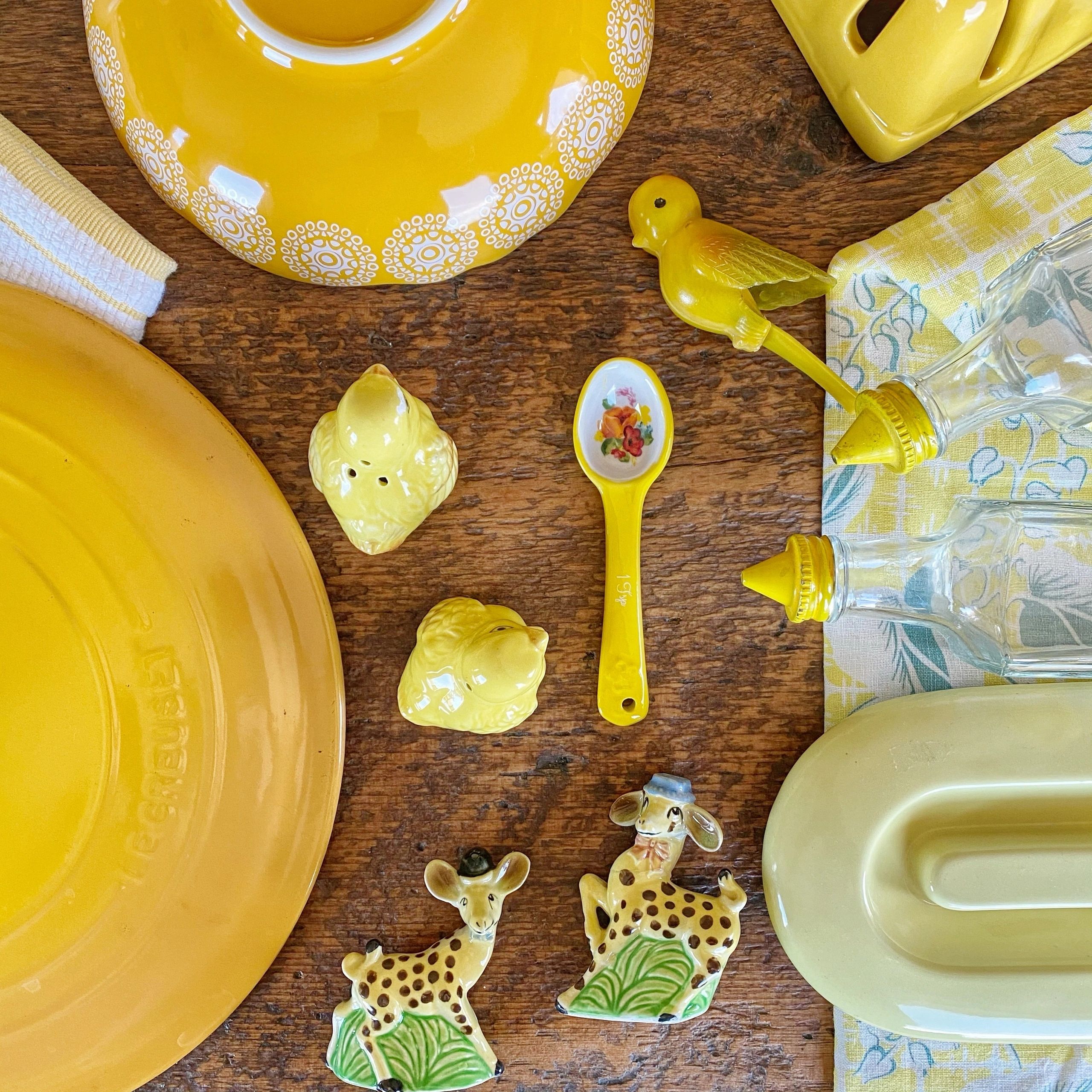 Vintage yellow kitchen collection flat lay
