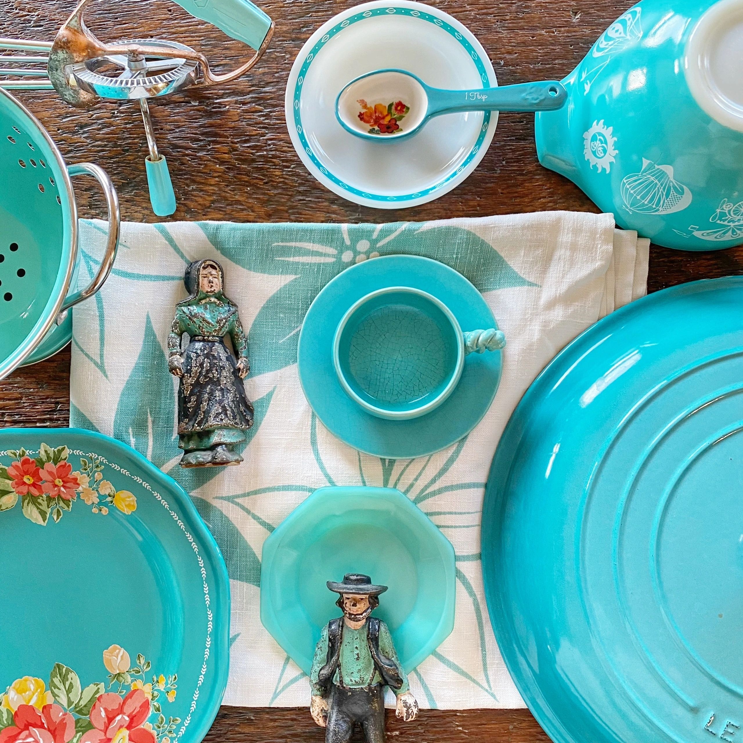 Turquoise kitchenware flat lay