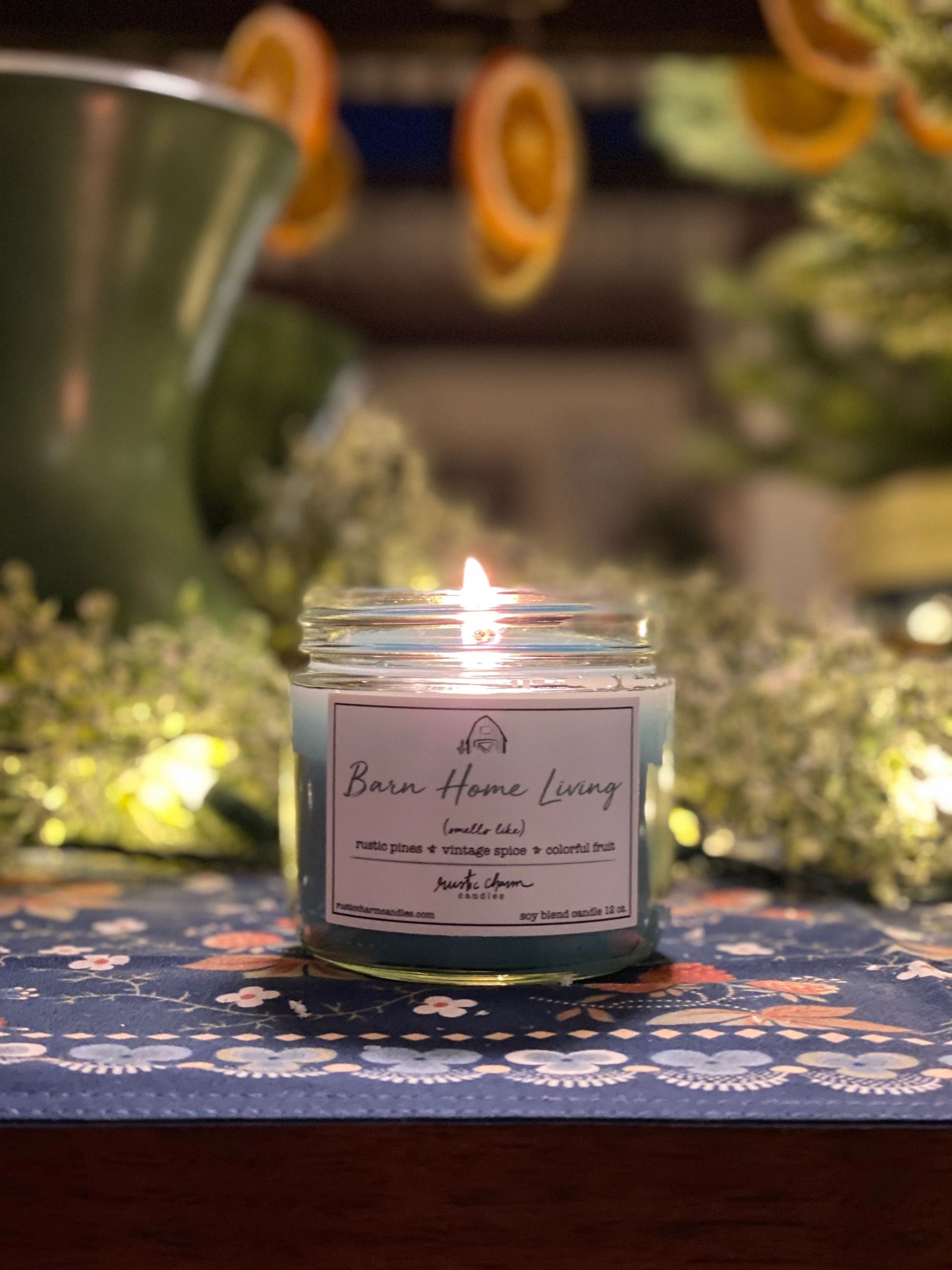 Barn Home Living soy candle — rustic pines, vintage spice, colorful fruit
